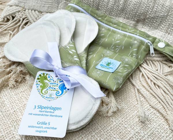 Blümchen FLORAL green waterproof panty liners HEMP-BAMBOO 3pcs. (Made in Turkey) - MEDIUM